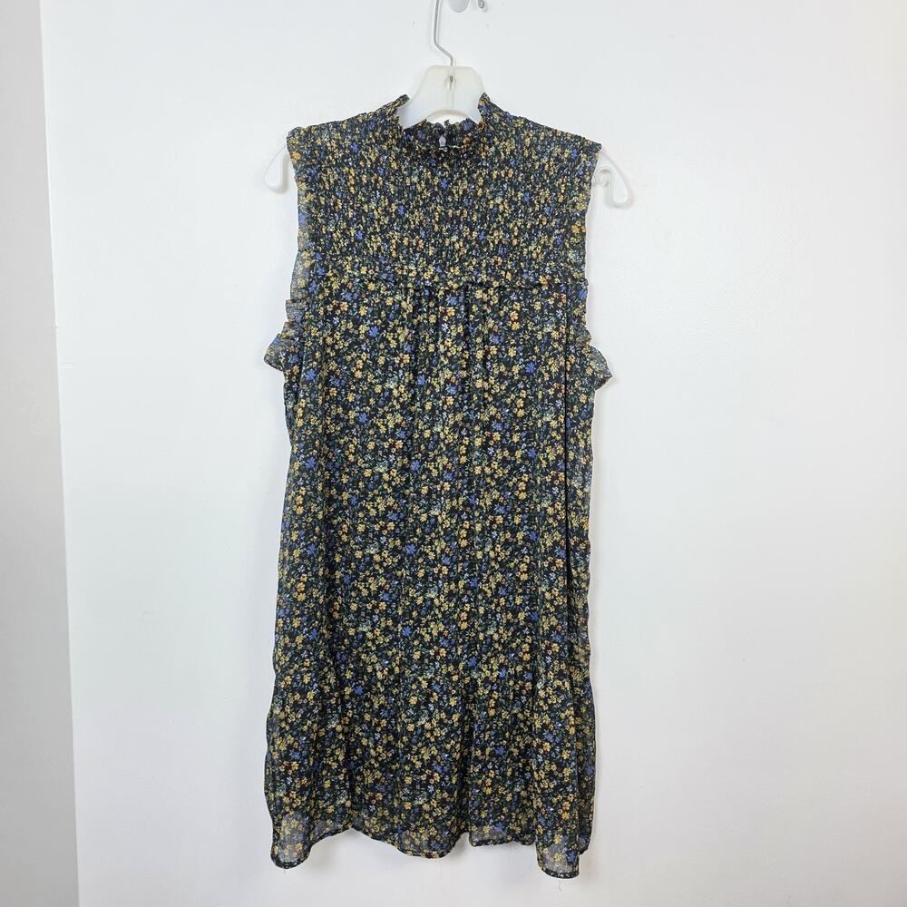 Wild Fable Black Multicolor Ditzy Floral Mock Neck Smocked Mini Dress Size Large